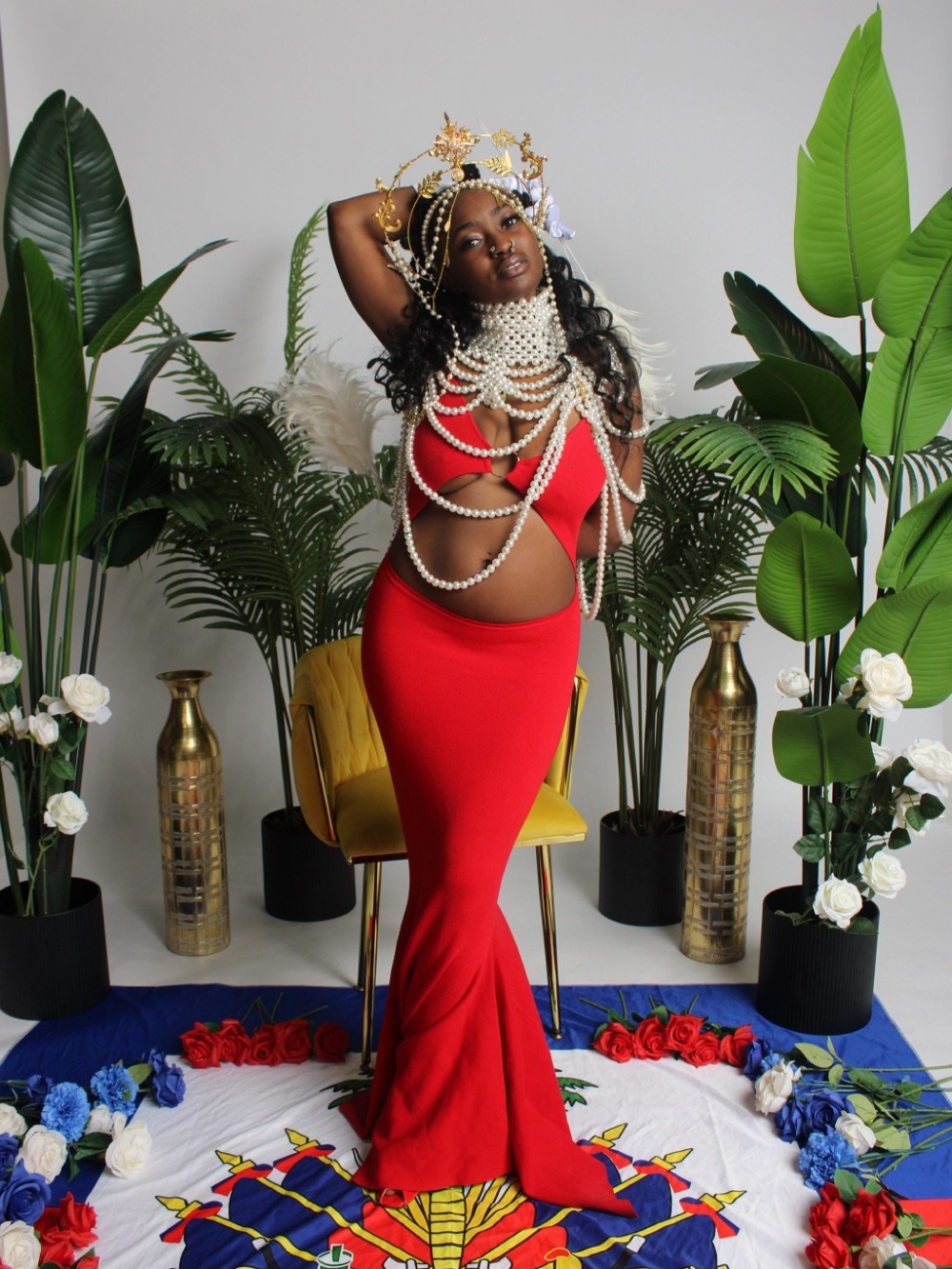AKIRA Red Cutout Mermaid Maxi Dress with Pearl Accents
